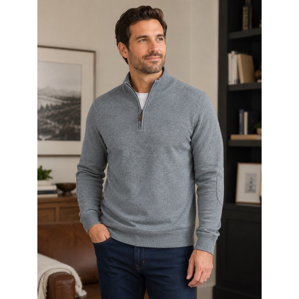 Lands End French Rib Quarter Zip Pullover Sweater Gray Men's XXL Elbow Patches